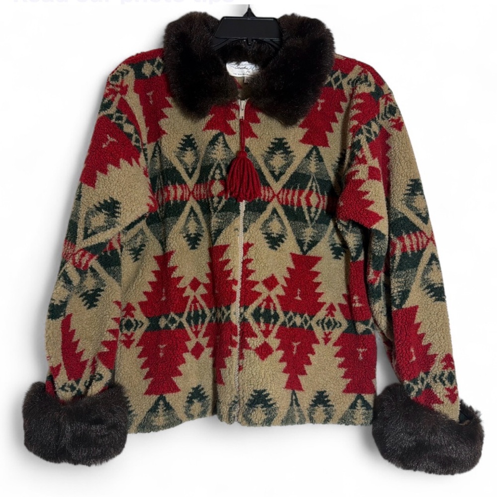 Tasha Polizzi Red and Tan Patterned Teddy Jacket